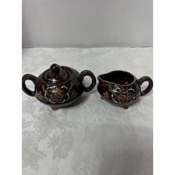 Brown Betty Cream & Sugar Handpainted Made in Japan Moriage Vintage Red Clay - Picture 5 of 9
